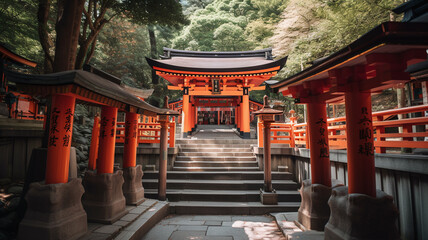 Red wooden Tori Gate in Kyoto, Japan