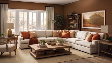 an inviting family room with warm earth tones and durable, family-friendly materials that encourage quality time together