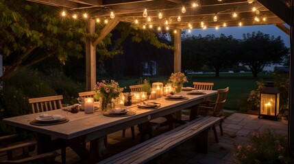 an inviting outdoor dining area with a rustic farm table and string lights, where meals become memorable under the open sky