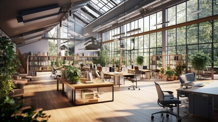 an open-plan office space with daylight harvesting sensors, highlighting sustainable lighting practices in workspace design