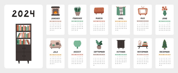 Cute calendar template for 2024 year with cozy illustrations of home interior. Calendar grid with weeks starts on Monday for nursery or office. Vertical monthly calender layout for planning - obrazy, fototapety, plakaty