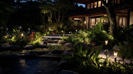 Fototapeta na wymiar an outdoor garden with landscape lighting, transforming the garden into an enchanting nocturnal escape