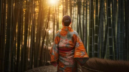Gardinen Bamboo Forest. Asian woman wearing japanese traditional kimono at Bamboo Forest in Kyoto, Japan © daniy