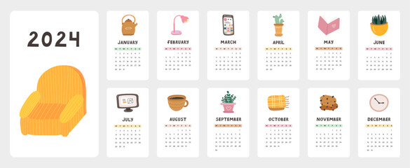 Cute calendar template for 2024 year with cozy scandinavian illustrations. Calendar grid with weeks starts on Monday for kids nursery, corporate office. Vertical monthly calender layout for planning - obrazy, fototapety, plakaty