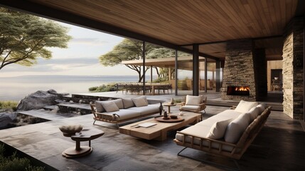 an outdoor patio that seamlessly integrates natural materials, like wood and stone, with modern furnishings - obrazy, fototapety, plakaty