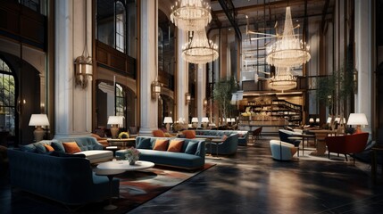 an upscale hotel lobby with plush sofas and opulent chandeliers, offering guests a taste of luxury from the moment they arrive - obrazy, fototapety, plakaty