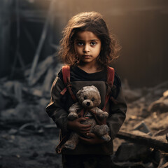 A small child with a toy in his hands. Broken city, war. Tragedy. Fire.
