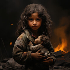 A small child with a toy in his hands. Broken city, war. Tragedy. Fire.