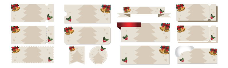 クリスマスセールに使えるツリーのシルエットとジングルベルのクーポンベクターデザインセット（枠のみ）