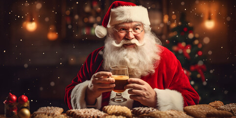 Santa Claus drinking champagne with cookies at Christmas