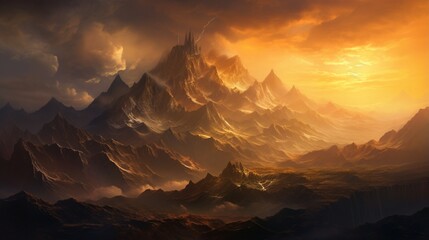towering fold mountains, showcasing their rugged peaks and dramatic landscapes under the golden glow of the setting sun