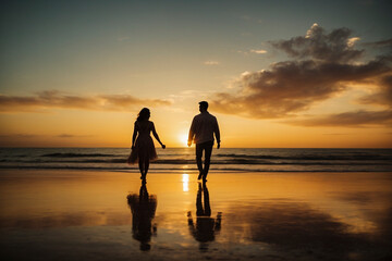 couple walking on the beach at sunset. sunset, beach, sea, ocean, couple, silhouette