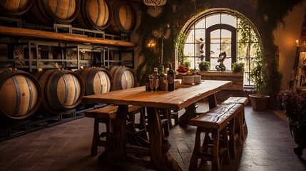 wine tasting room with barrel tables and rustic charm, inviting wine enthusiasts to savor the flavors of the vine - obrazy, fototapety, plakaty
