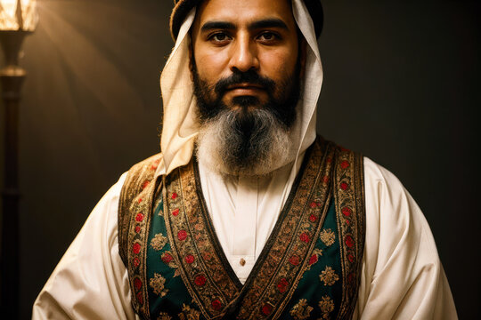 Portrait of the of the old age, bearded Arab man wearing traditional clothing. Concept of active age