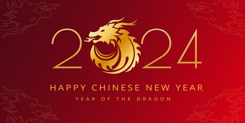 Happy Chinese New Year 2024 Dragon Zodiac sign - gold 2024 logo with dragon head on red background - vector minimalist design - obrazy, fototapety, plakaty