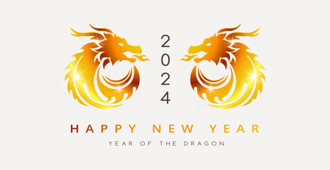 Happy Chinese new year 2024 of the dragon - two golden dragons minimalist style on white background and text happy new year 2024 year of the dragon