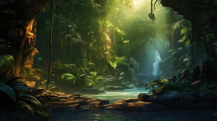 Scene of a river adventure through a dense jungle, with wildlife, ancient ruins, and the excitement of exploration game art