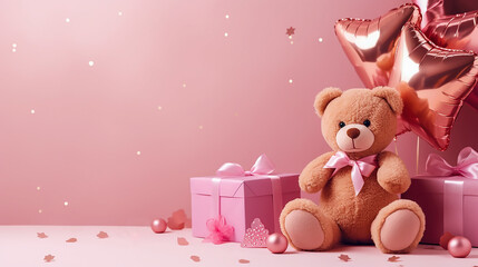 A toy teddy bear with gifts and balloons on a pink background. The concept of birthday greetings, for girls. Girly style. Copy space.
