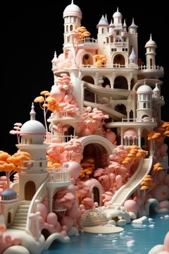 A castle made out of marshmallows and balloons. AI image.