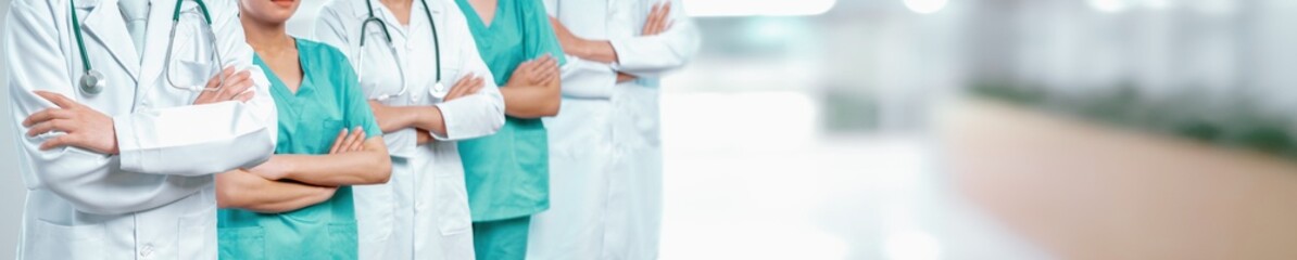 Confident medical staff team with doctor nurse and healthcare specialist professions people in...