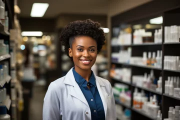 Foto op Canvas African pharmacist doctor stands on background of shelves with drugs in pharmacy © sofiko14