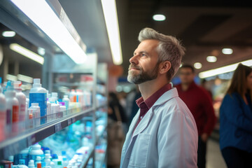 Fototapeta premium Pharmacist looking at shelves with medicines choosing medicine for customer in pharmacy