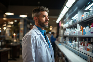 Fototapeta premium Mature Pharmacist doctor on background of shelves with drugs in pharmacy