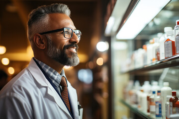 Pharmacist looking at shelves with medicines choosing medicine for customer in pharmacy