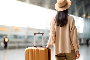 unrecognizable traveler woman with long black hair, hat and suitcase on wheels at airport hall, low angle rear view. Neural network generated image. Not based on any actual scene or pattern.