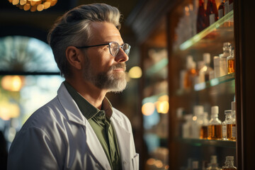 Pharmacist looking at shelves with medicines choosing medicine for customer in pharmacy