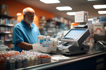 Pharmacist dispenses medication at a pharmacy counter in a hypermarket
