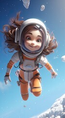 3D illustration cartoon style. Girl dressed as an astronaut in the space.