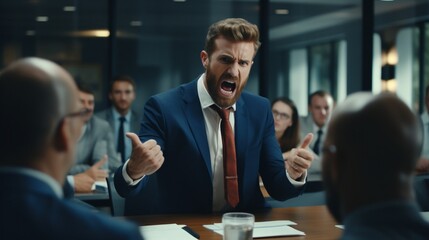A determined businessman passionately shouting during a meeting