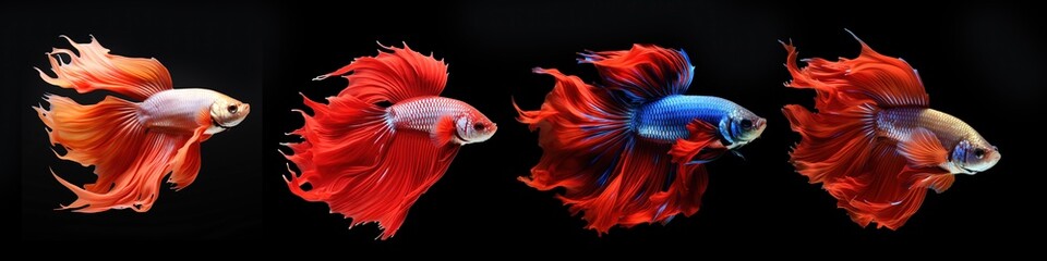 Photo of Betta fish with four color variations on a black background. Generative AI