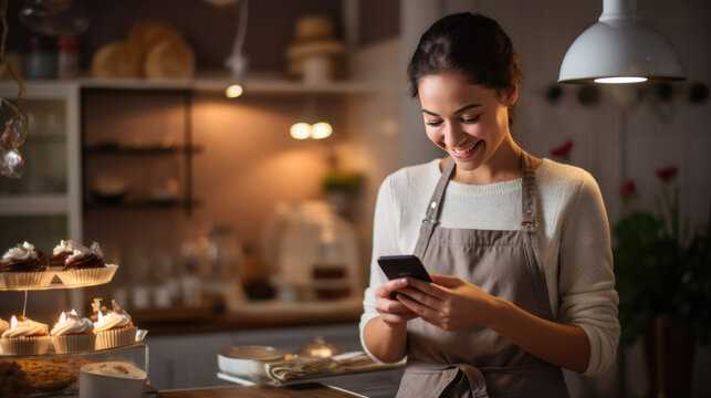 Young woman prepares a dessert in the kitchen of her home. She looks at her phone to check the recipe.