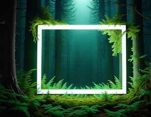 green nature background with a wooden board and forest. green nature background with a wooden board and forest. empty wooden background with green forest and a dark background. 