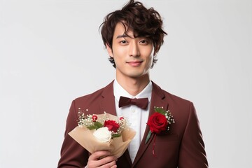 花束を手に持つ日本人男性（プロポーズ・バレンタイン・結婚・記念日）