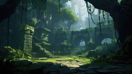 Landscape within a dense jungle, hiding ancient temples, overgrown vines, and mysterious encouraging players to unravel the secrets of the past game art