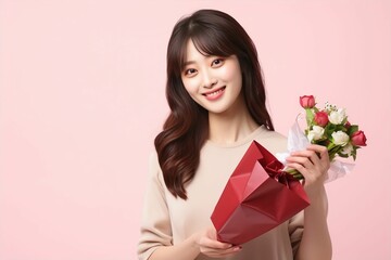 Fototapeta premium 花束を手に持つ日本人女性（プロポーズ・バレンタイン・結婚・記念日）