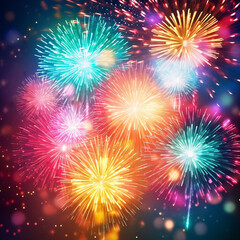 Fototapeta premium HAPPY NEW YEAR - Celebration New Year's Eve, Silvester 2024 holiday background greeting card - Colorful firework fireworks pyrotechnics on dark night sky.