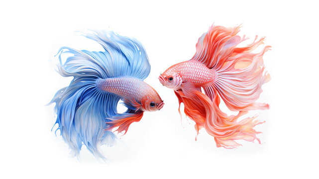 Photo of Betta fish with four color variations on a black background. Generative AI