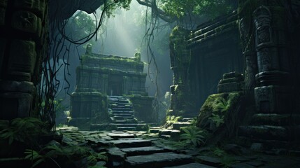 Landscape within a dense jungle, hiding ancient temples, overgrown vines, and mysterious encouraging players to unravel the secrets of the past game art - obrazy, fototapety, plakaty
