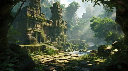 Landscape within a dense jungle, hiding ancient temples, overgrown vines, and mysterious encouraging players to unravel the secrets of the past game art