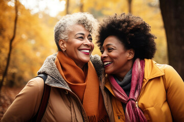 african woman couple in the golden autumn forest