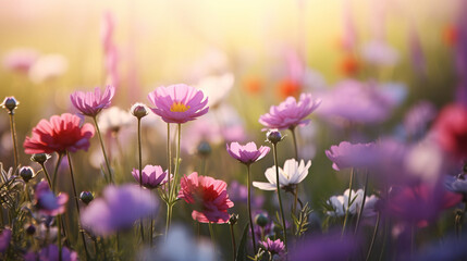 Obraz na płótnie Canvas Flower field in sunlight, spring or summer garden background in closeup macro. Flowers meadow field
