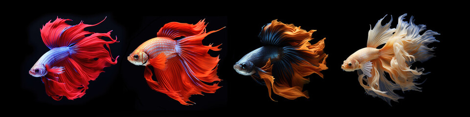 Fototapeta premium Photo of Betta fish with four color variations on a black background. Generative AI