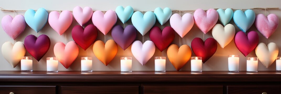 A group of candles sitting on top of a wooden table. AI image. Valentine's day banner.