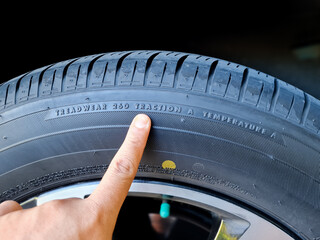 Side view of a tire with indication of width and, height and wheel diameter. tire code which...
