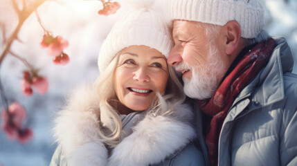 active and happy senior couple in a snow landscape in winter clothes