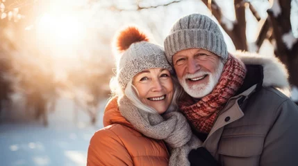 Schilderijen op glas active and happy senior couple in a snow landscape in winter clothes © Karat